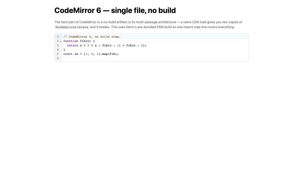 codemirror-esm (no-build recipe)
